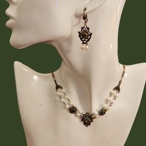 BYRD DESIGNS Antique Style Castlecore Pearl Green Crystal Bronze Jewelry Set